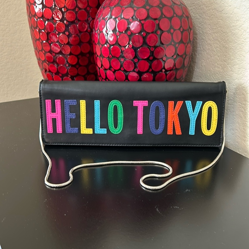 kate spade Black Clutch with Multicolor 'HELLO TOKYO' Lettering